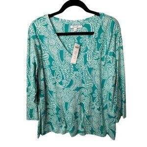 Chicos Womens V-Neck 3/4 Sleeve Turquoise Paisley Top Pima Cotton Size XL